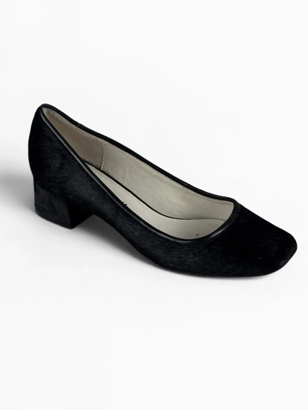 BETTYE MULLER WARHOL BLACK CALF HAIR LEATHER SQUARE TOE PUMP HEELS